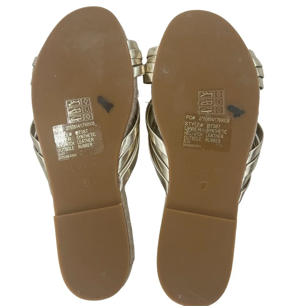 J. Crew Made‎ in Spain Knotted Espadrille Slides in Metallic Platino Gold Sz 7